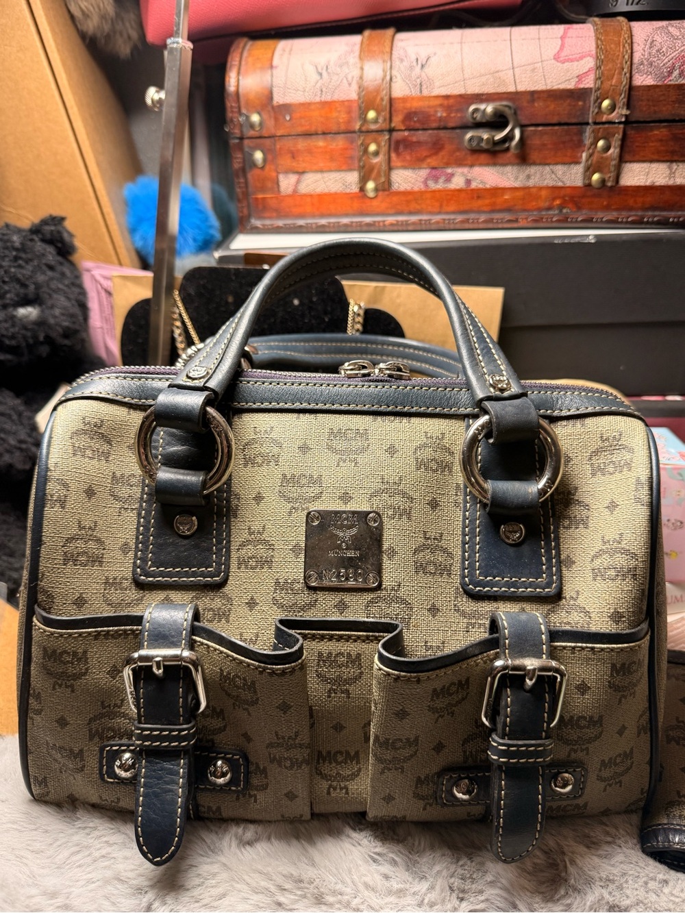 MCM Visetos Canvas Satchel Bag in Beige and Navy